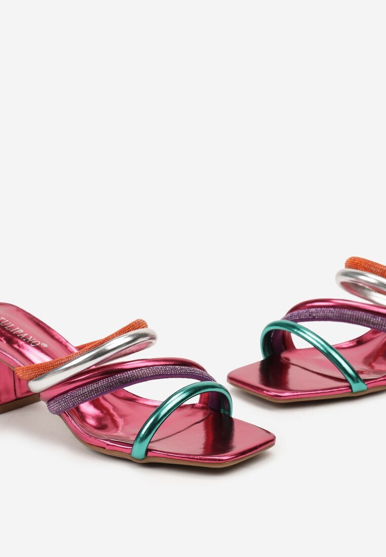  Papuci Fuchsia cu toc gros cu vârf pătrat și barete cu zirconii Camailli