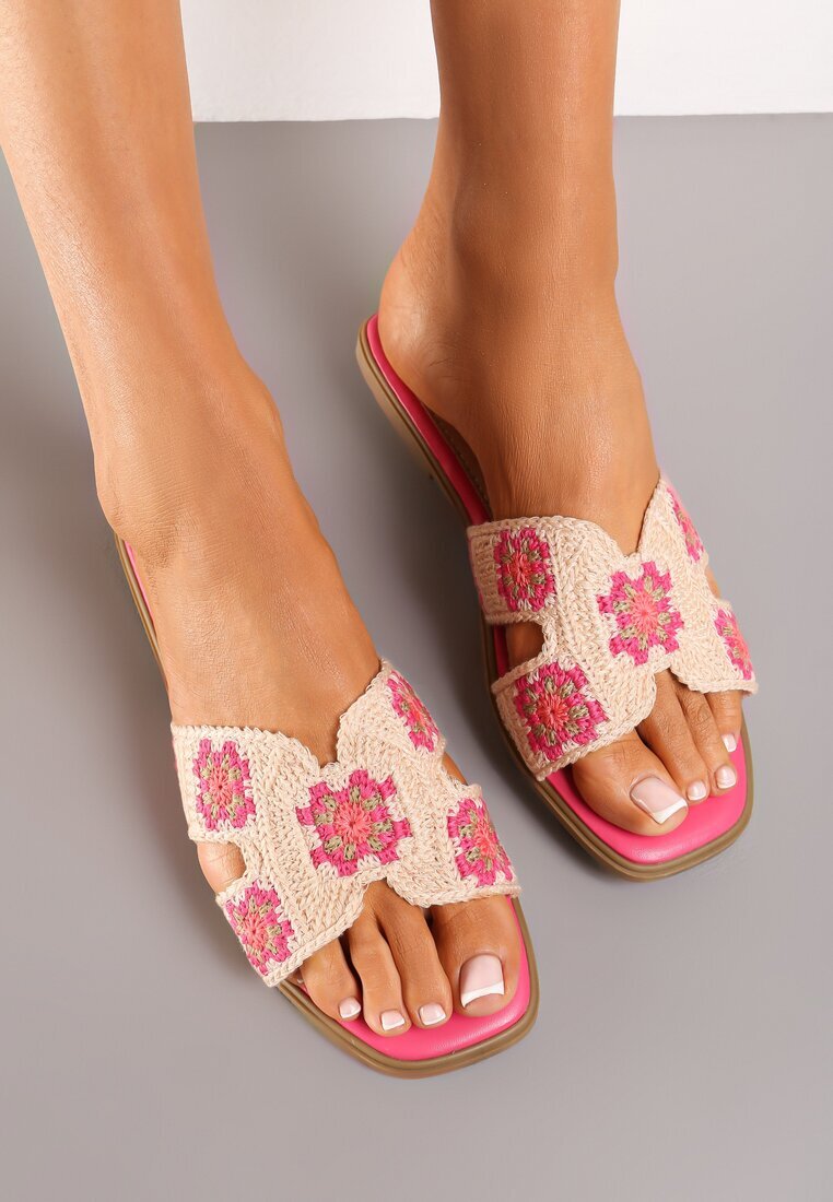  Papuci Fucsia pe talpă plată cu broderie decorativă Laviera