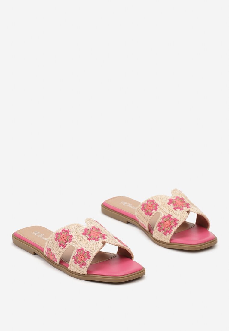  Papuci Fucsia pe talpă plată cu broderie decorativă Laviera