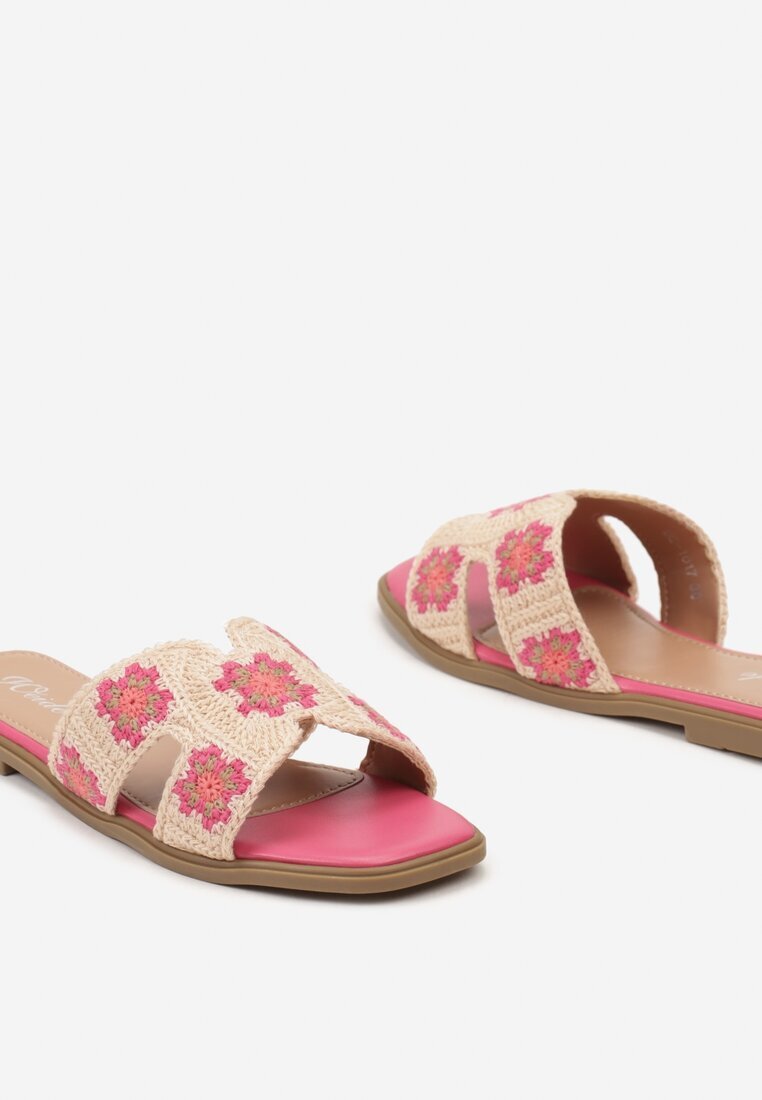  Papuci Fucsia pe talpă plată cu broderie decorativă Laviera