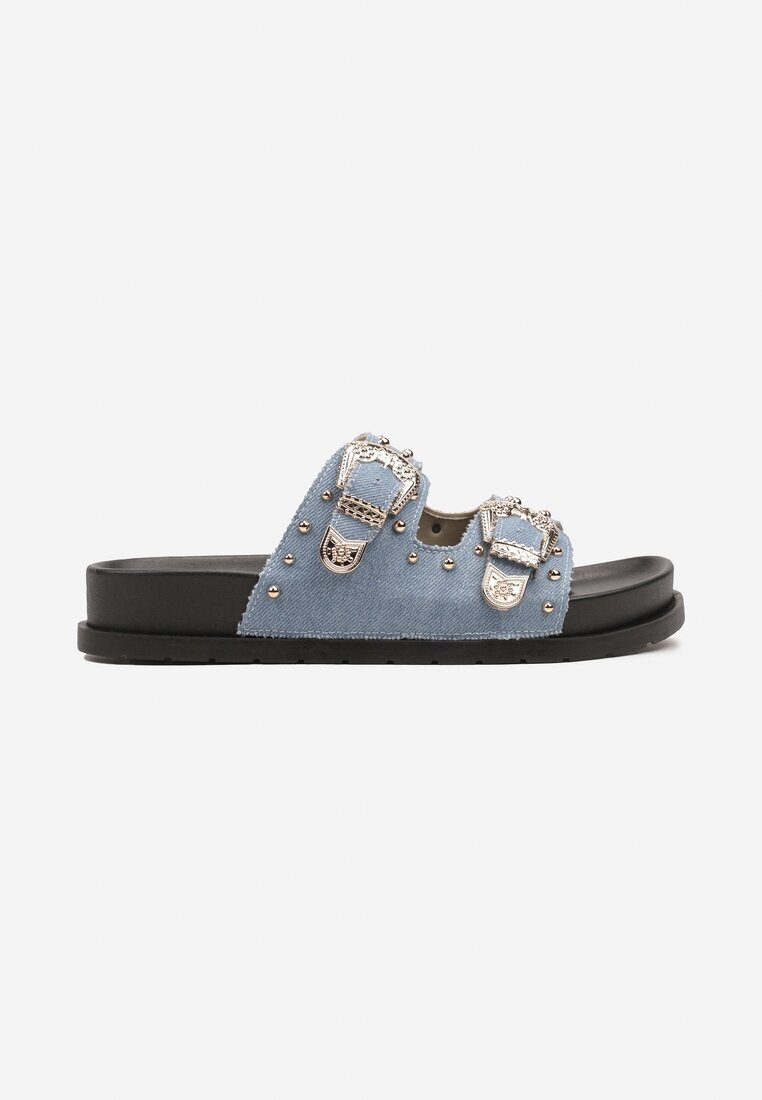  Papuci Plati Albaștri cu Barete Reglabile și Decorațiuni Metalice Vikitara