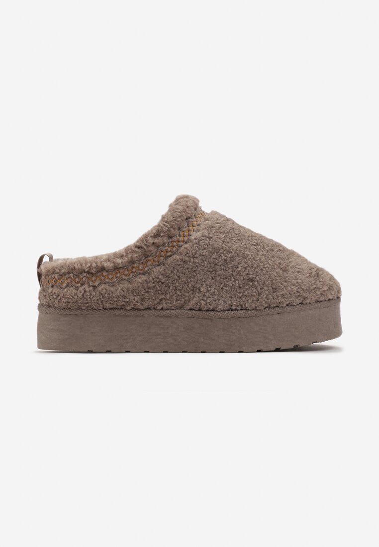  Papuci slip-on Bej închis cu platformă cu broderie decorativă Olisia