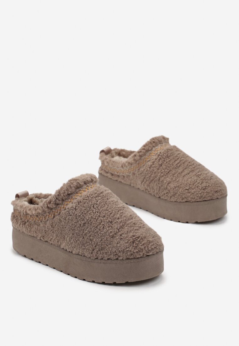  Papuci slip-on Bej închis cu platformă cu broderie decorativă Olisia