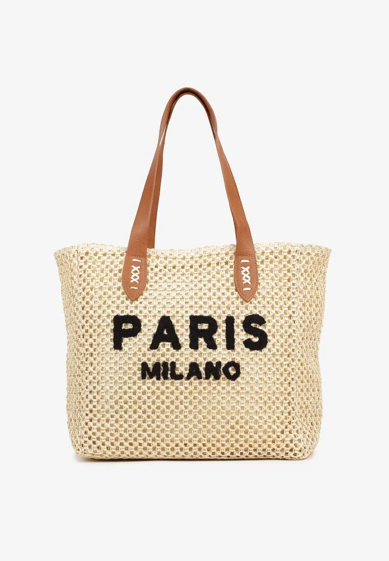 paris milano Geantă Bej Shopper din împletitură cu inscripție Navario