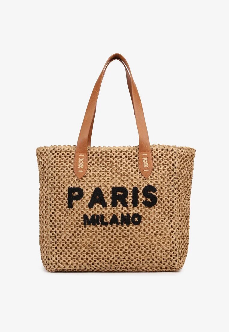 paris milano Geantă shopper Bej închis din împletitură cu inscripția Navario