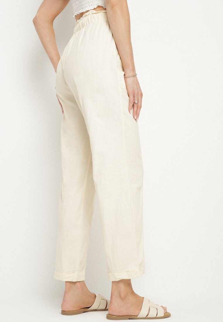 pesail Pantaloni bej deschis de bumbac cu talie înaltă și legătură decorativă Vilwia