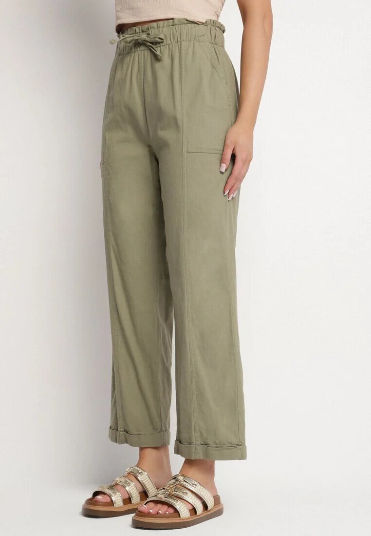 pesail Pantaloni din bumbac verde închis cu talie înaltă și legătură decorativă Vilwia