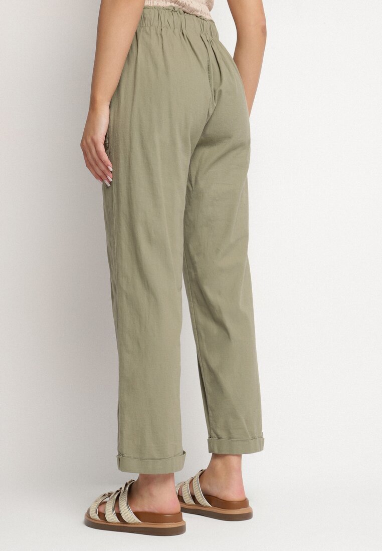 pesail Pantaloni din bumbac verde închis cu talie înaltă și legătură decorativă Vilwia