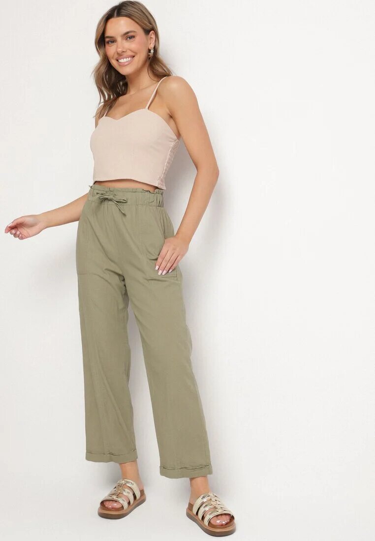 pesail Pantaloni din bumbac verde închis cu talie înaltă și legătură decorativă Vilwia
