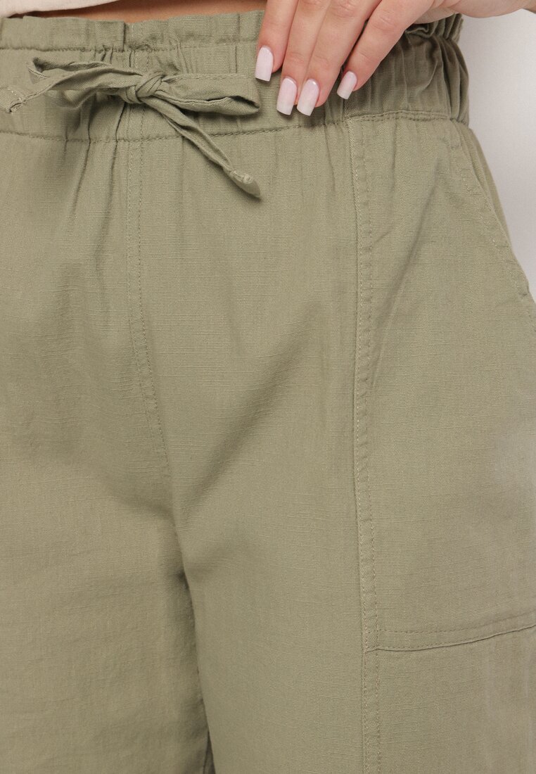 pesail Pantaloni din bumbac verde închis cu talie înaltă și legătură decorativă Vilwia