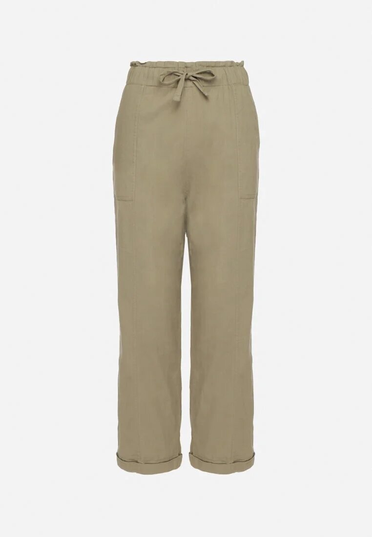 pesail Pantaloni din bumbac verde închis cu talie înaltă și legătură decorativă Vilwia