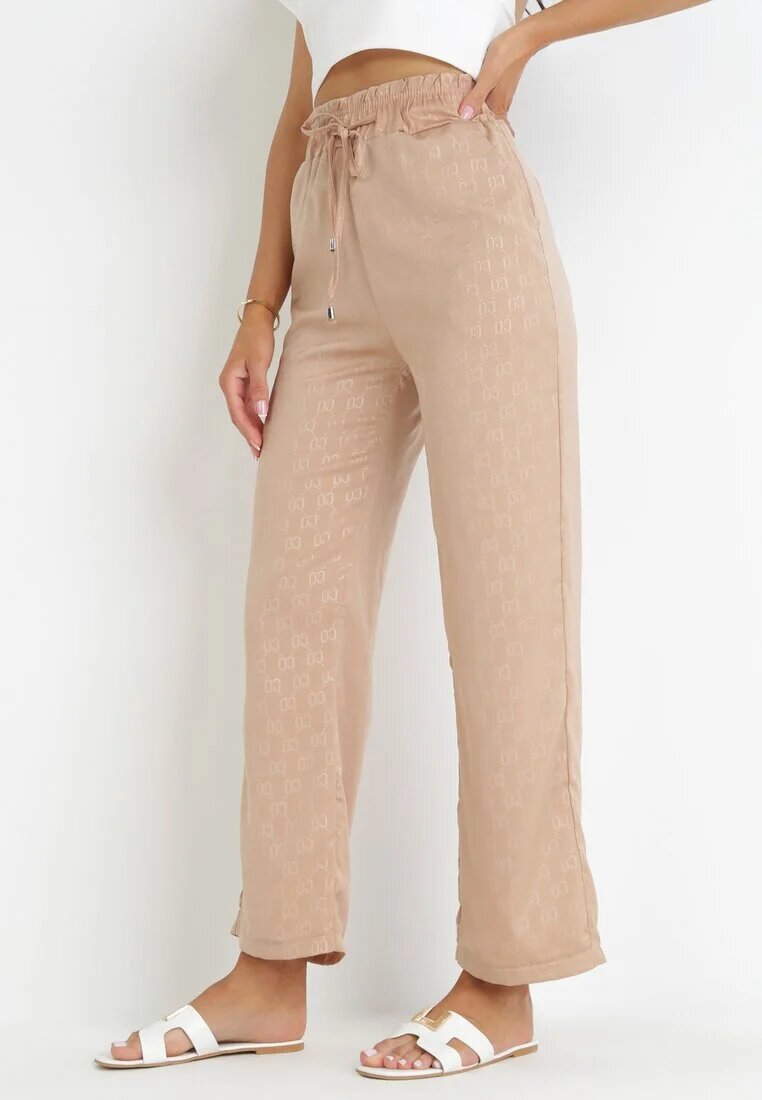 pesail Pantaloni Largi Bej Închis cu Elastic în Talie Moti