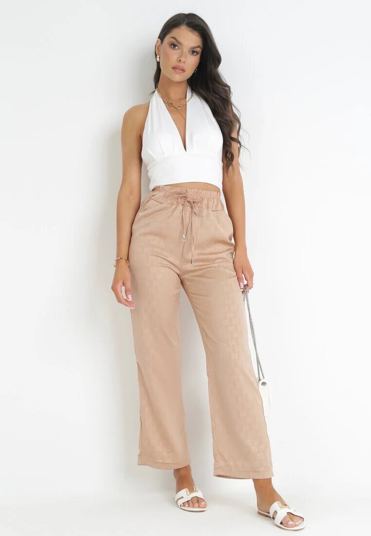 pesail Pantaloni Largi Bej Închis cu Elastic în Talie Moti