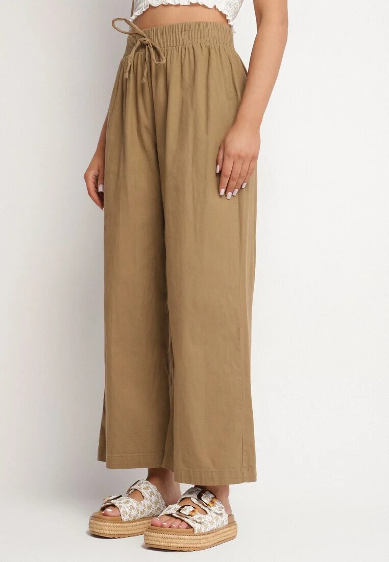 pesail Pantaloni maro deschis de bumbac largi cu elastic și șnur în talie Faliova