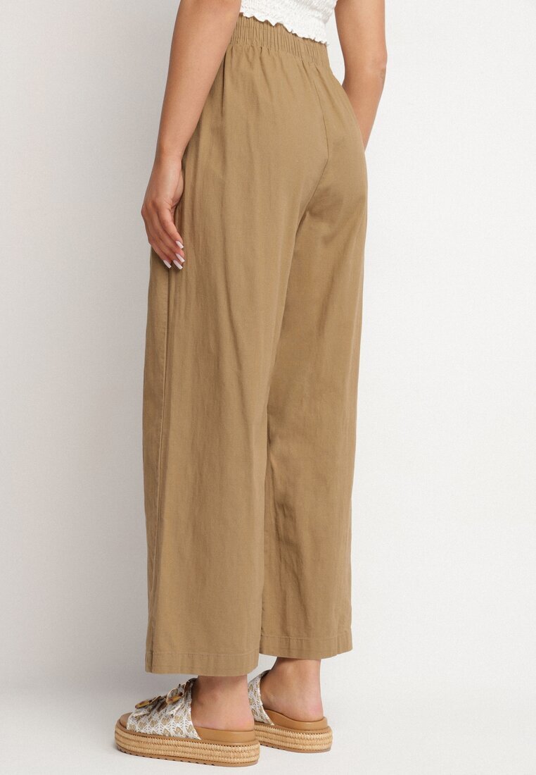 pesail Pantaloni maro deschis de bumbac largi cu elastic și șnur în talie Faliova