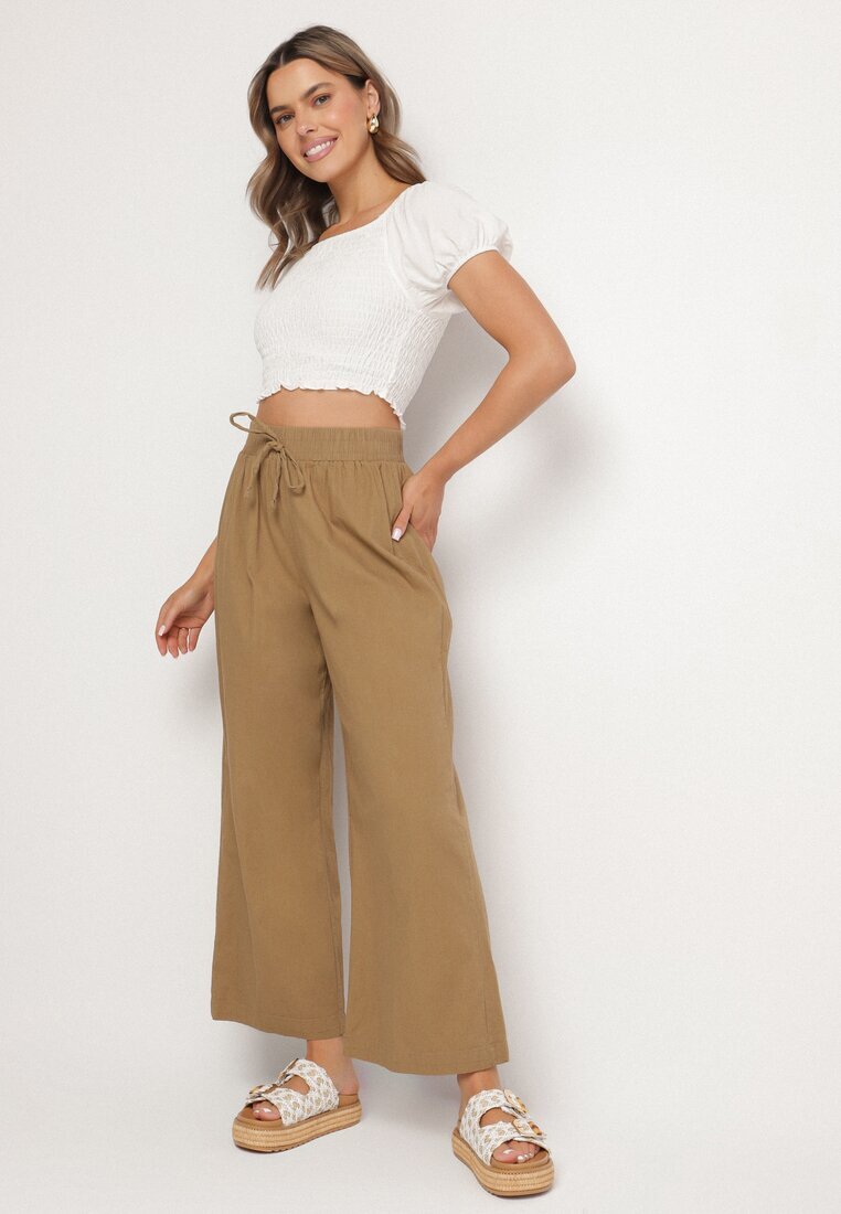 pesail Pantaloni maro deschis de bumbac largi cu elastic și șnur în talie Faliova
