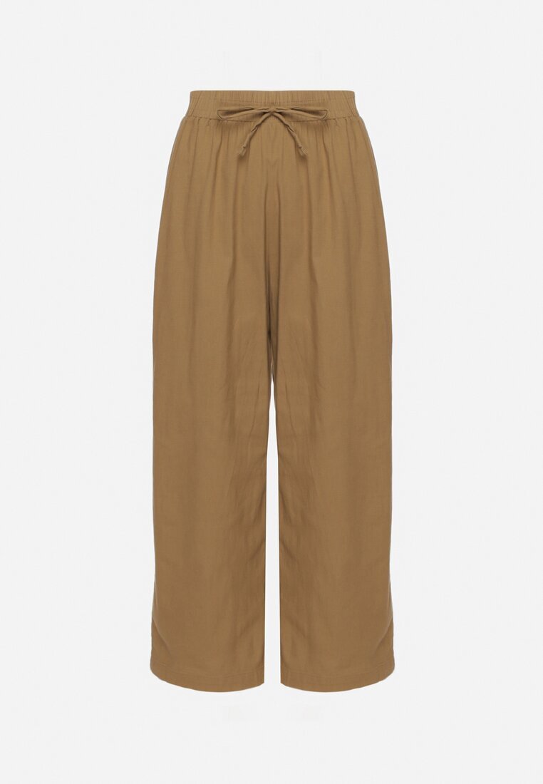 pesail Pantaloni maro deschis de bumbac largi cu elastic și șnur în talie Faliova