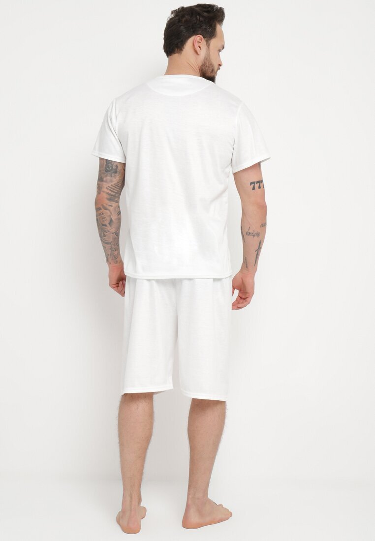  Pijama albă din bumbac 2 piese cu tricou cu imprimeu și pantaloni scurți lărguți Tarietha
