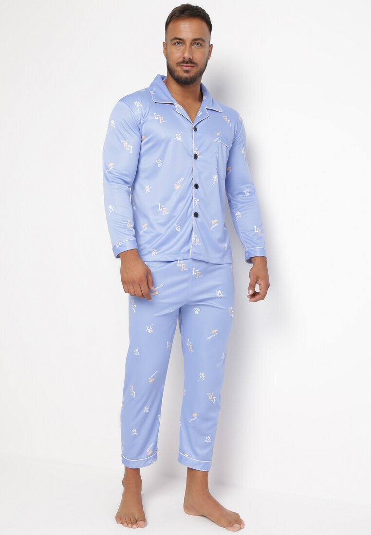  Pijama albastră deschisă de bumbac din 2 piese cu Cămașă și Pantaloni Lallitte