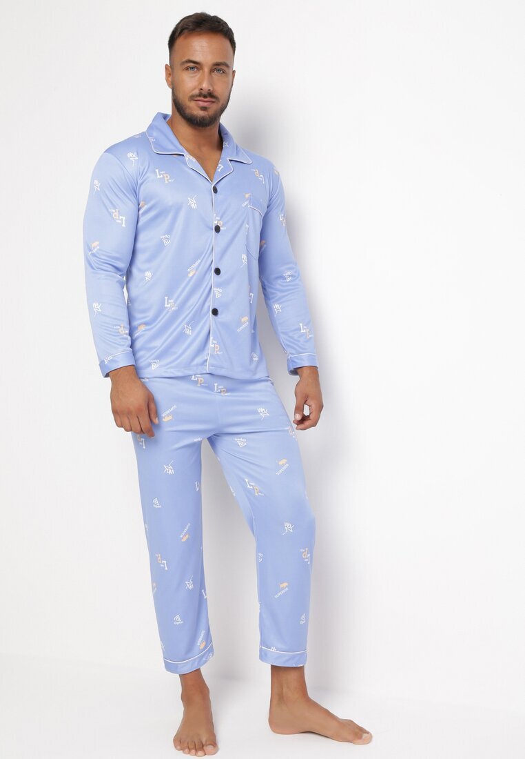  Pijama albastră deschisă de bumbac din 2 piese cu Cămașă și Pantaloni Lallitte
