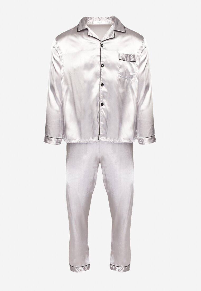  Pijama Satinată Gri Deschis Cămașă și Pantaloni Reoma
