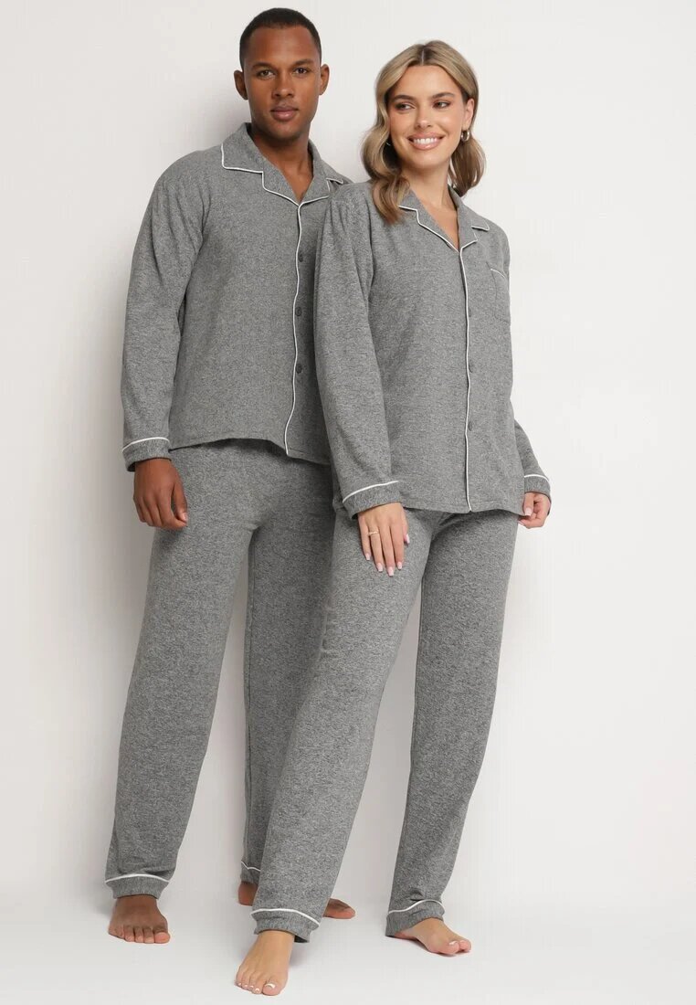  Pijamale din bumbac gri închis cu cămașă și pantaloni cu elastic în talie Ivamora