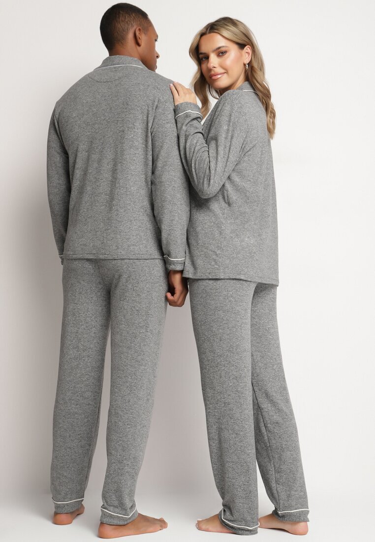  Pijamale din bumbac gri închis cu cămașă și pantaloni cu elastic în talie Ivamora
