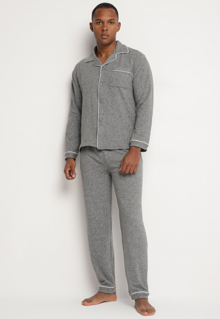  Pijamale din bumbac gri închis cu cămașă și pantaloni cu elastic în talie Ivamora
