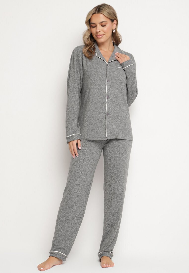  Pijamale din bumbac gri închis cu cămașă și pantaloni cu elastic în talie Ivamora