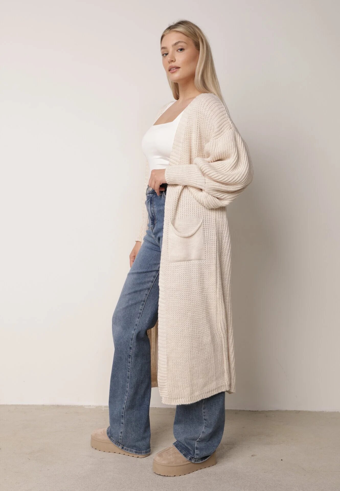 pretty Cardigan bej deschis lung cu mânecă bufantă Folote
