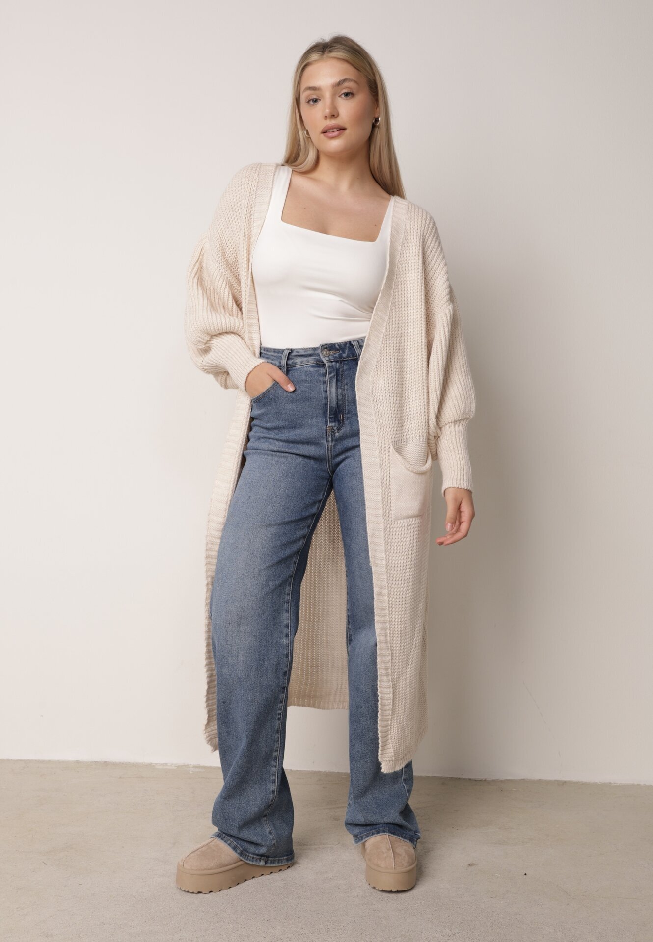 pretty Cardigan bej deschis lung cu mânecă bufantă Folote