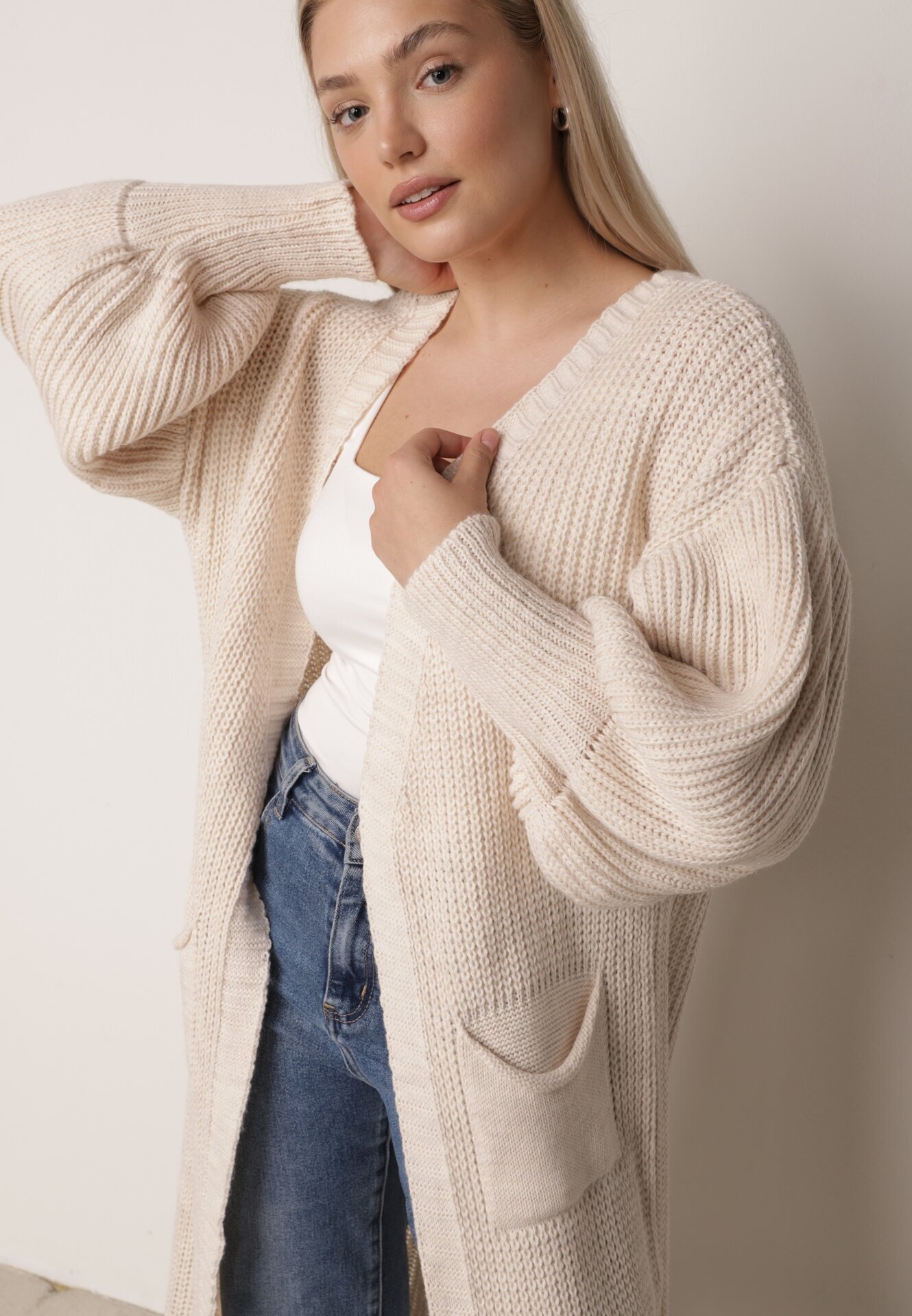 pretty Cardigan bej deschis lung cu mânecă bufantă Folote