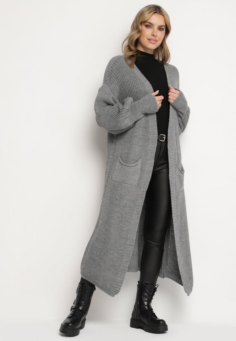 pretty Cardigan Gri Lung cu Mânecă Bufantă Folote