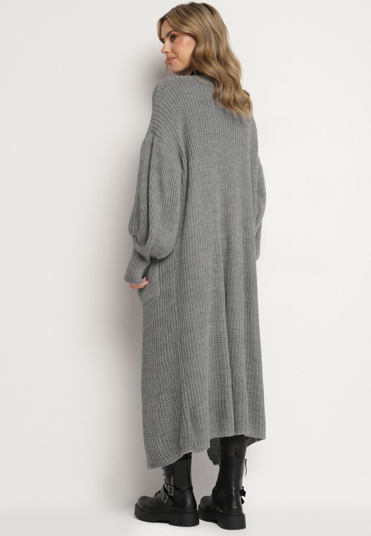 pretty Cardigan Gri Lung cu Mânecă Bufantă Folote
