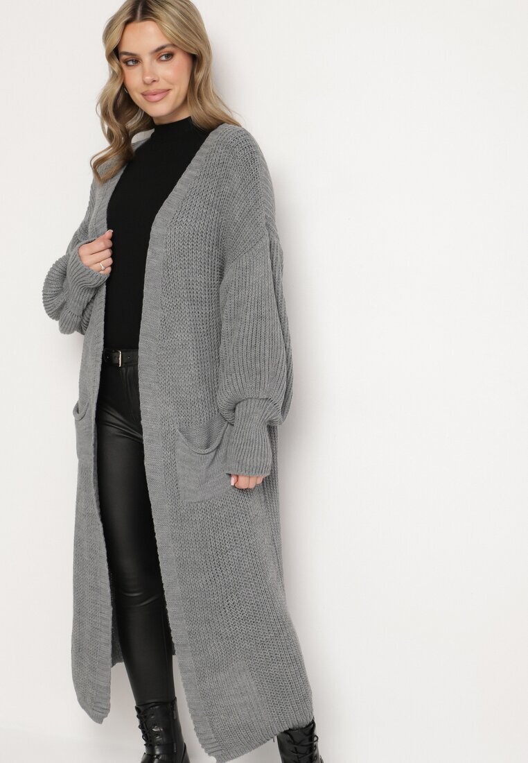 pretty Cardigan Gri Lung cu Mânecă Bufantă Folote