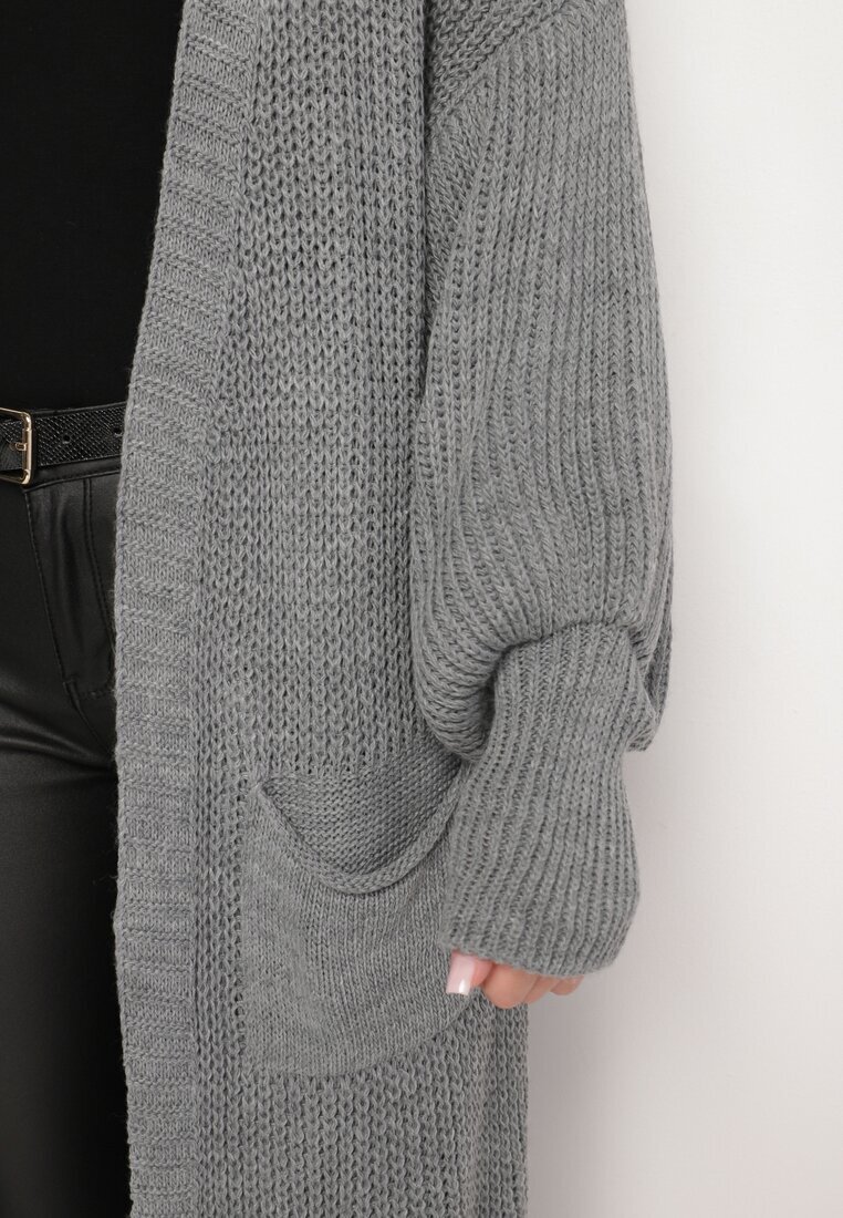 pretty Cardigan Gri Lung cu Mânecă Bufantă Folote
