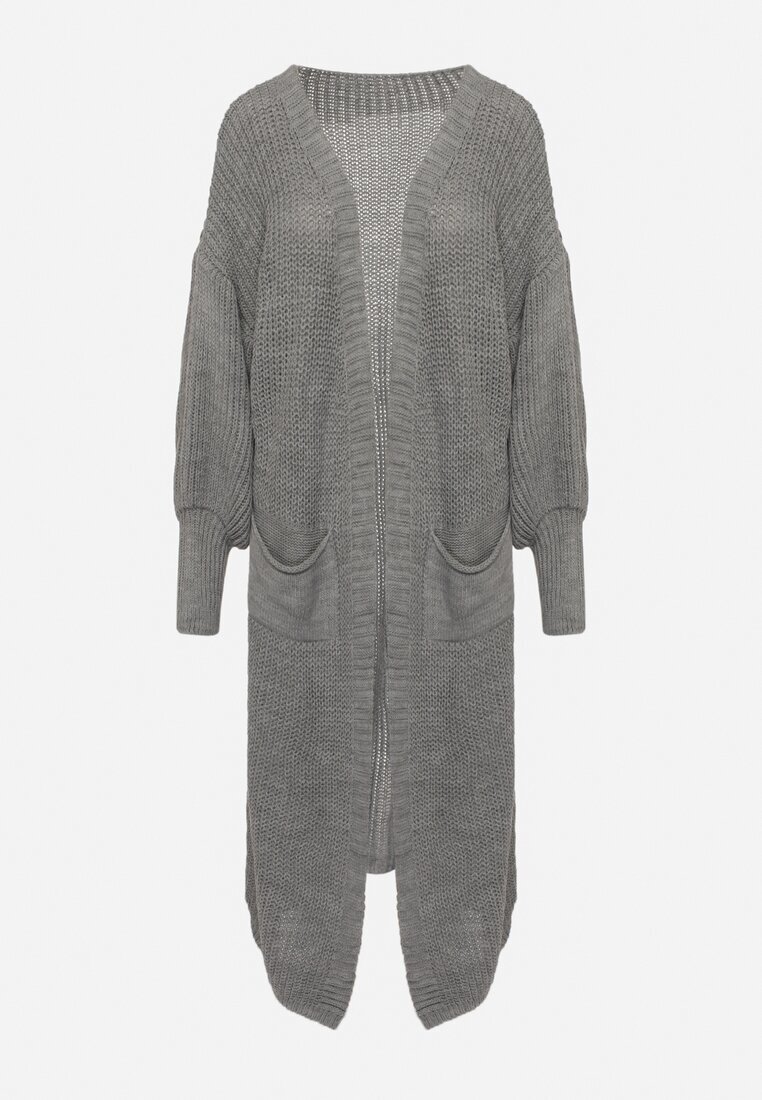 pretty Cardigan Gri Lung cu Mânecă Bufantă Folote