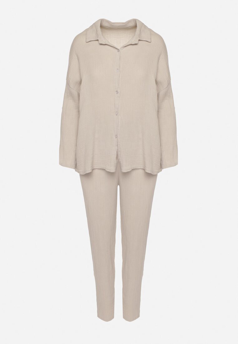 pretty Compleu bej din bumbac și muselină Cămașă cu mâneci reglabile și pantaloni Janilene