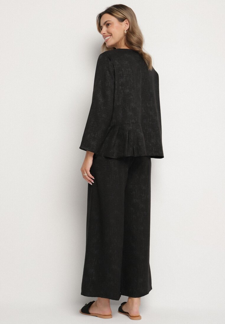 pretty Compleu Negru Bluză cu bază evazată și aplicație florală și Pantaloni largi Ravirisa