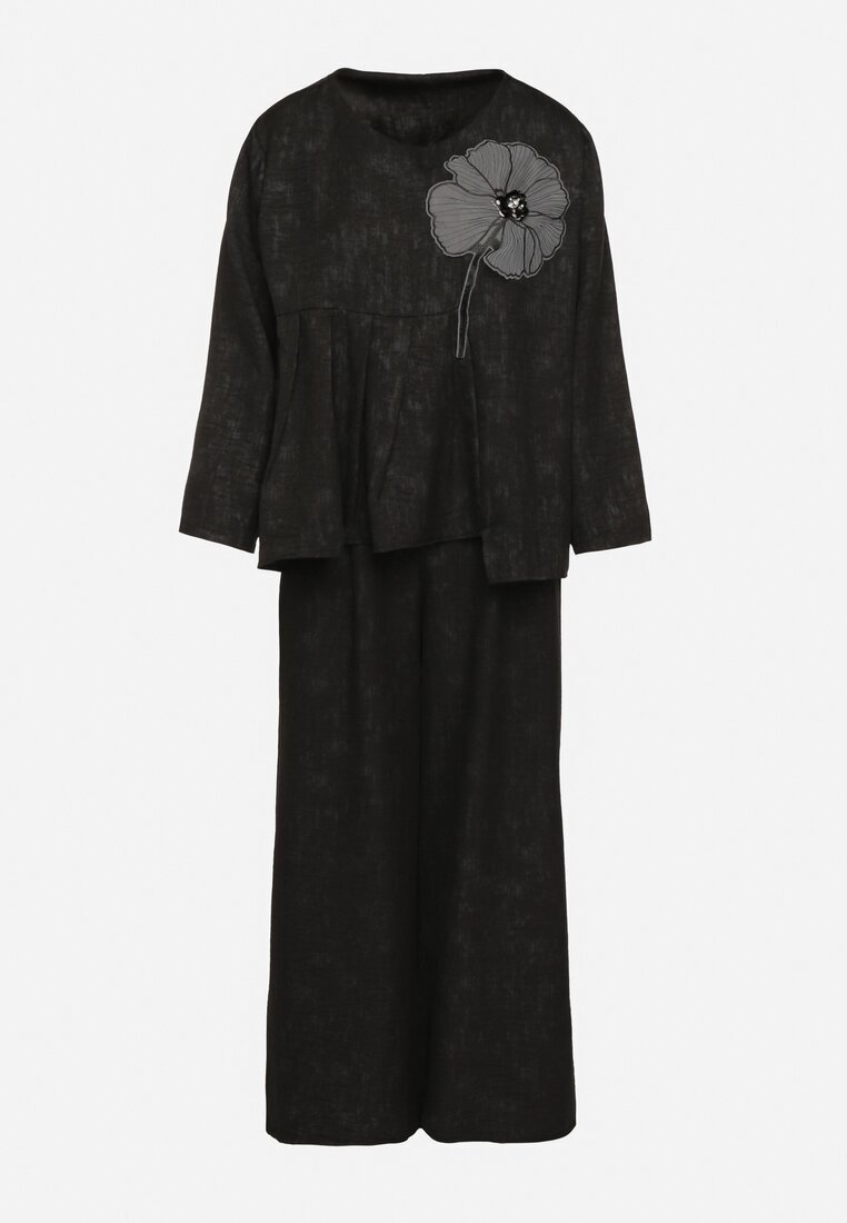 pretty Compleu Negru Bluză cu bază evazată și aplicație florală și Pantaloni largi Ravirisa