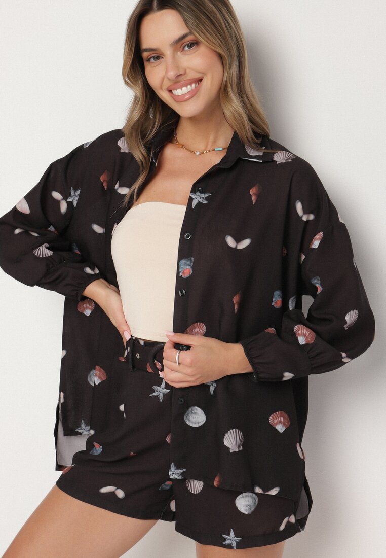 pretty Compleu Negru din Vâscoză Cămașă și Pantaloni scurți cu Motiv Marin Reivienne