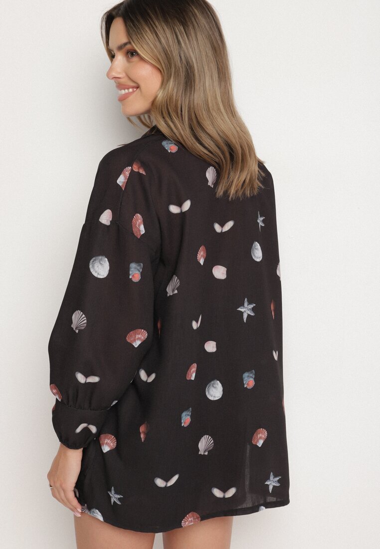 pretty Compleu Negru din Vâscoză Cămașă și Pantaloni scurți cu Motiv Marin Reivienne
