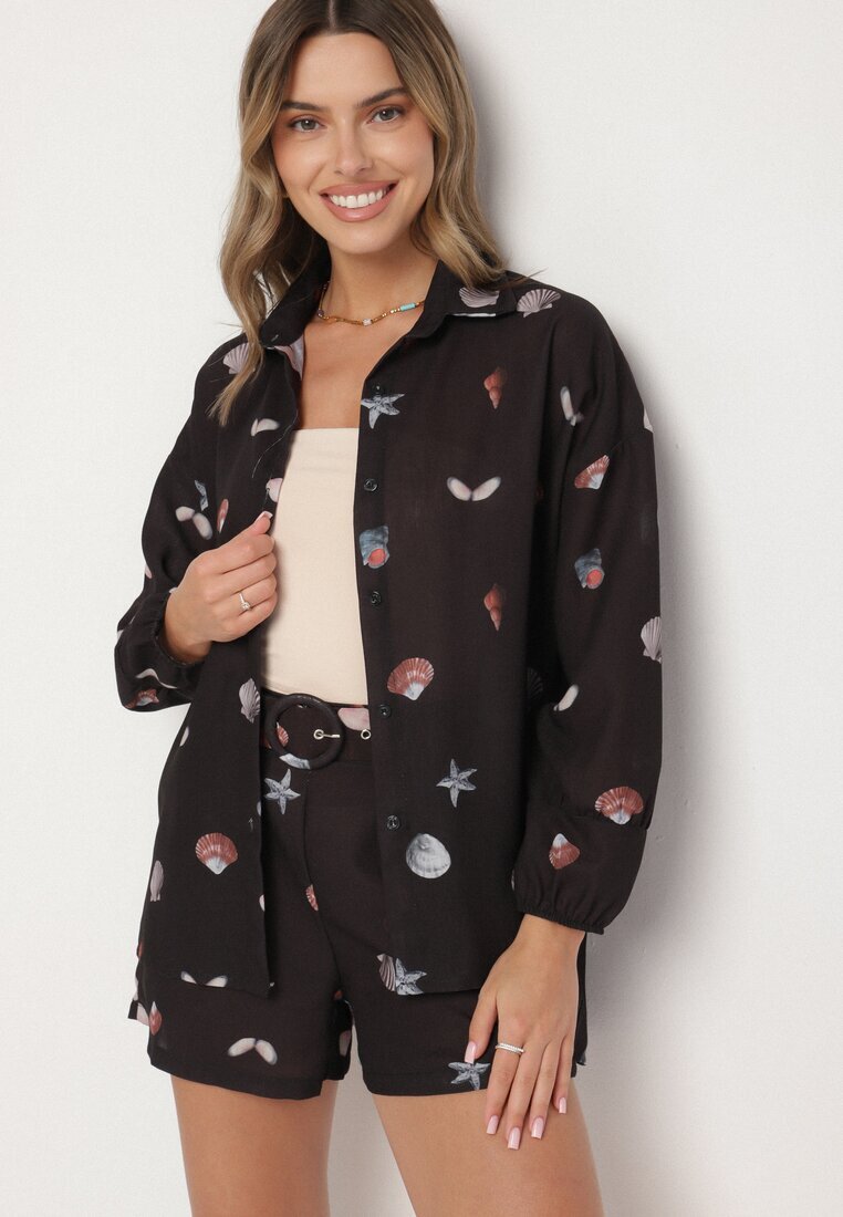 pretty Compleu Negru din Vâscoză Cămașă și Pantaloni scurți cu Motiv Marin Reivienne