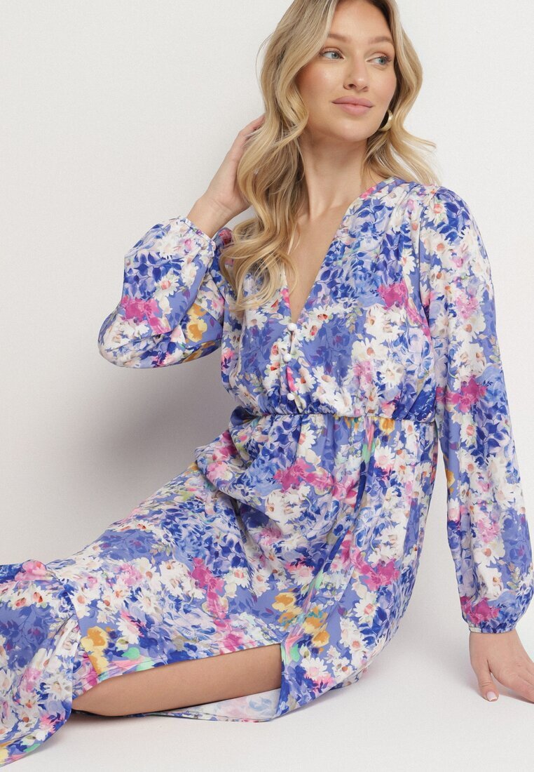 pretty Rochie Albastră Cloș cu Imprimeu Floral cu Decolteu în V și Elastic în Talie Janitra