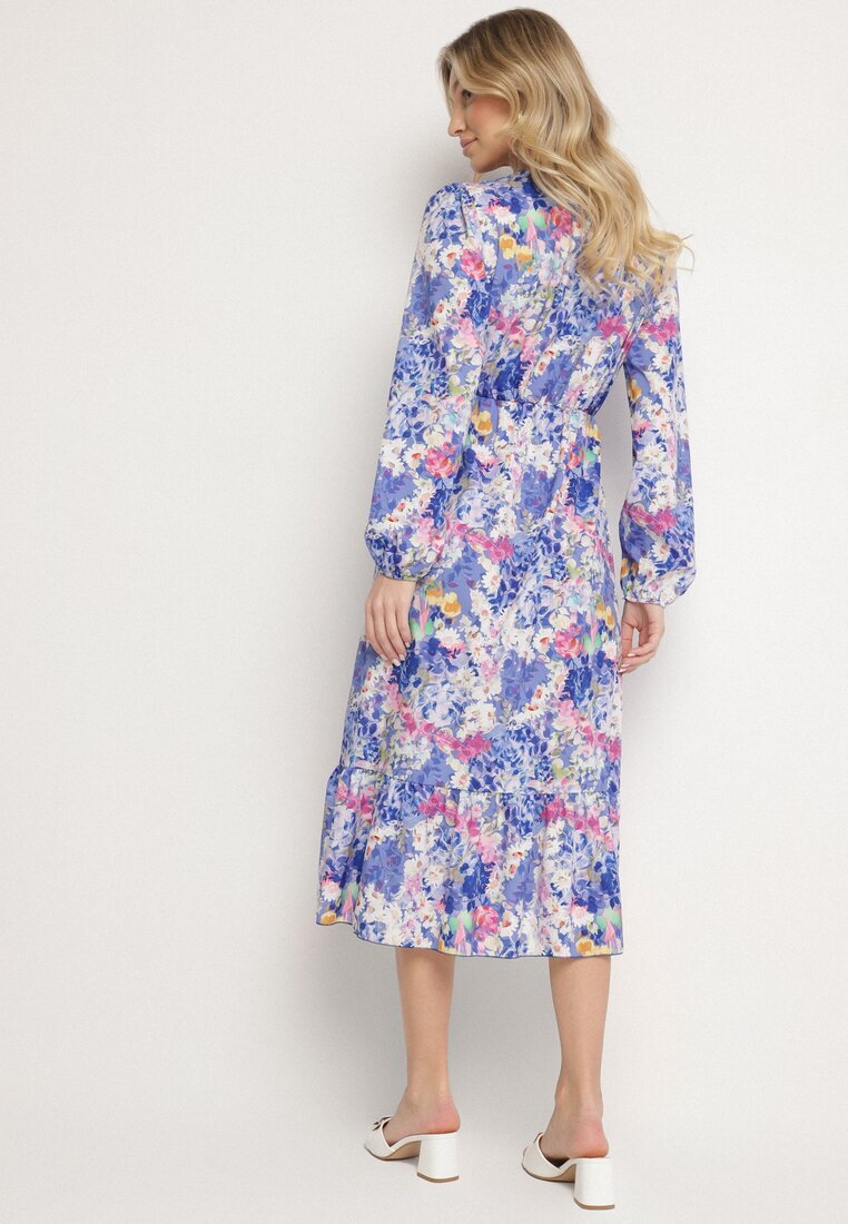 pretty Rochie Albastră Cloș cu Imprimeu Floral cu Decolteu în V și Elastic în Talie Janitra