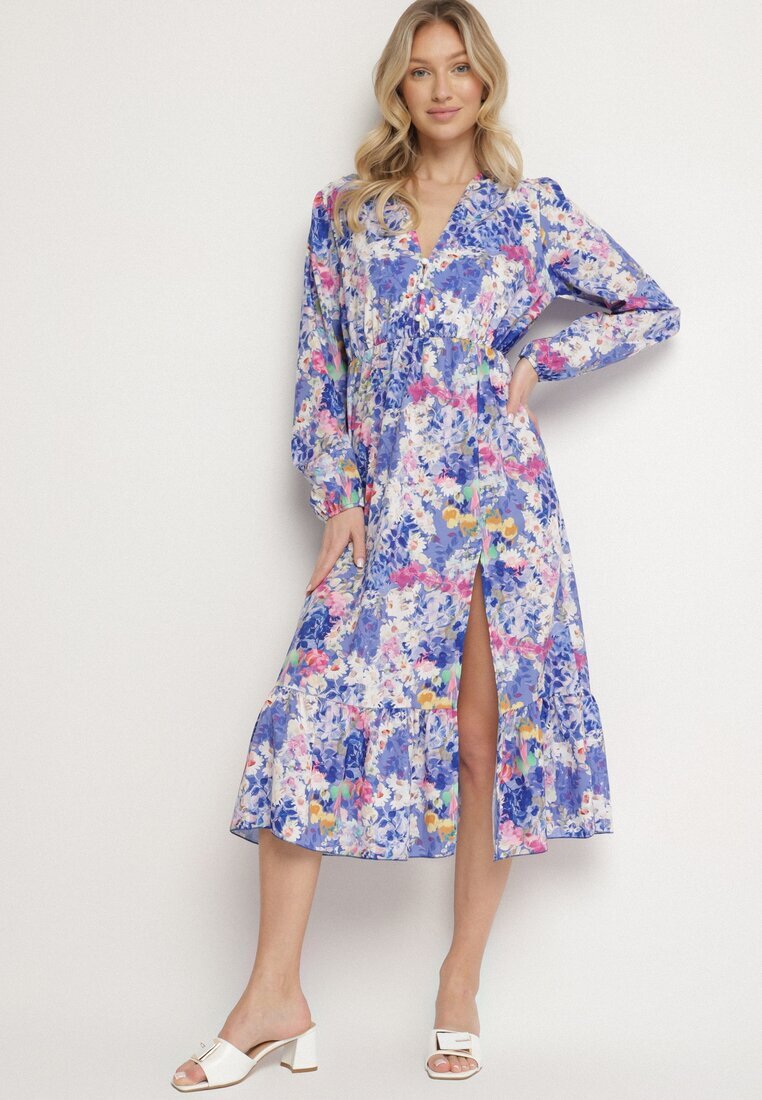pretty Rochie Albastră Cloș cu Imprimeu Floral cu Decolteu în V și Elastic în Talie Janitra