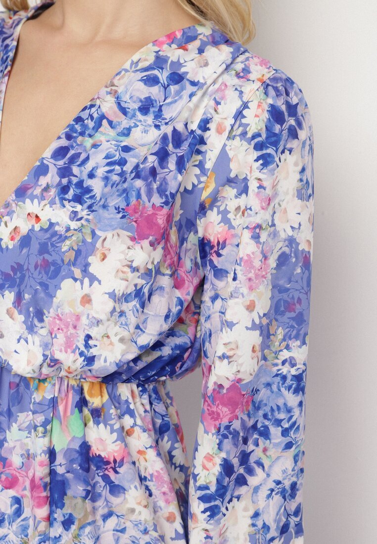 pretty Rochie Albastră Cloș cu Imprimeu Floral cu Decolteu în V și Elastic în Talie Janitra