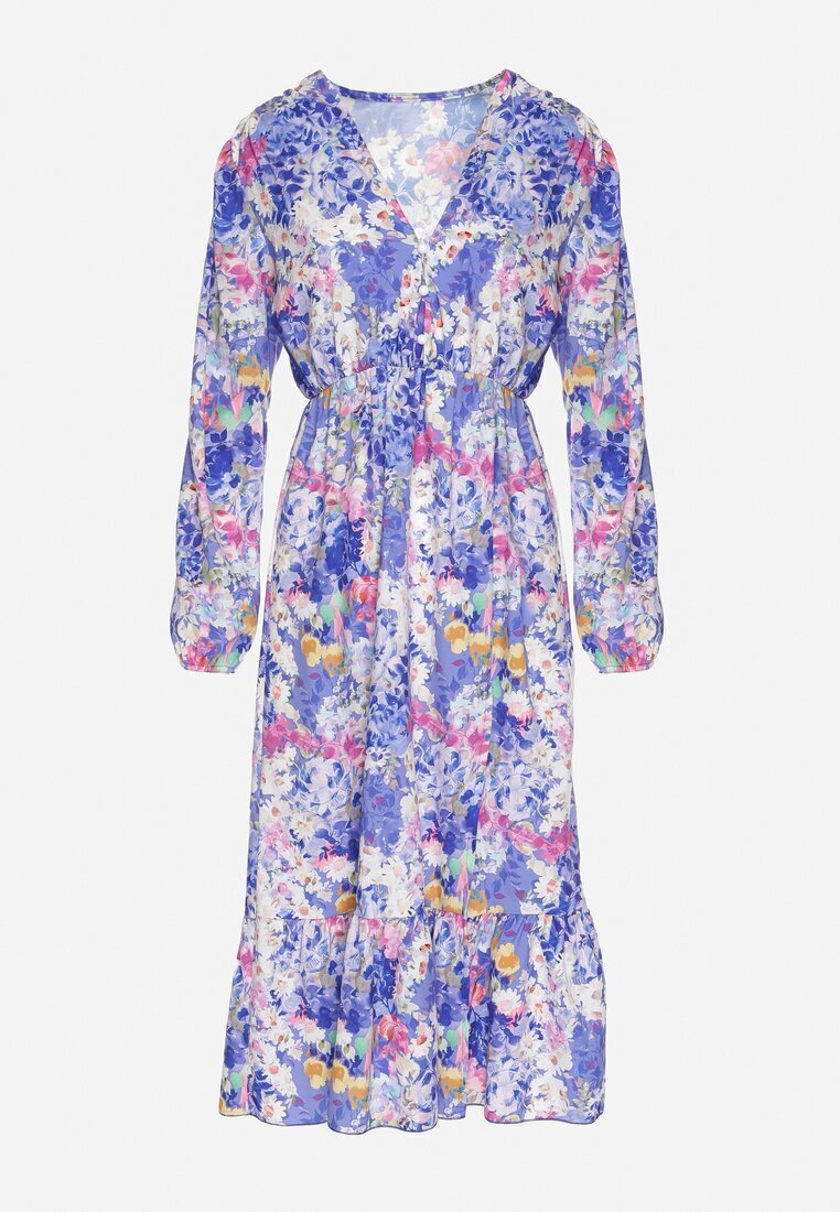 pretty Rochie Albastră Cloș cu Imprimeu Floral cu Decolteu în V și Elastic în Talie Janitra