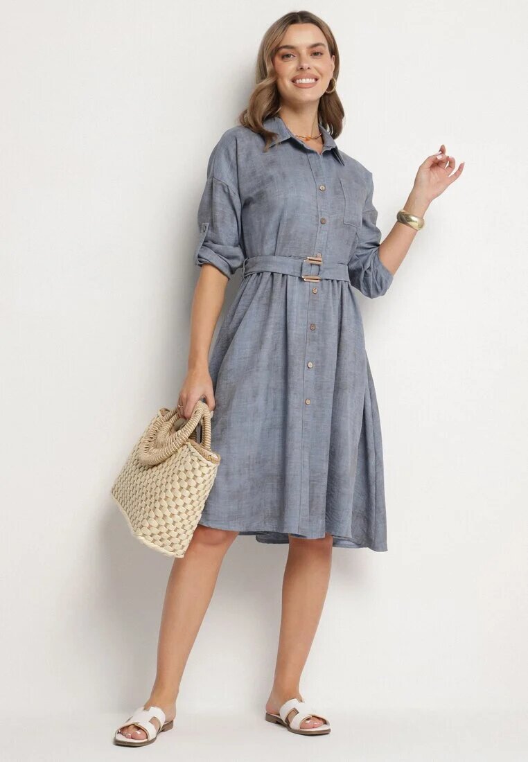 pretty Rochie Albastră cu croială de cămașă cu curea cu cataramă Evelmio