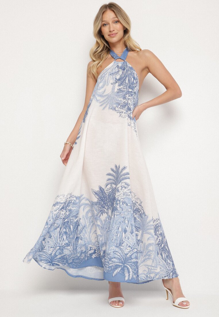 pretty Rochie Albastră cu Viscoză și Motiv Palmieri cu Legătură Izomara